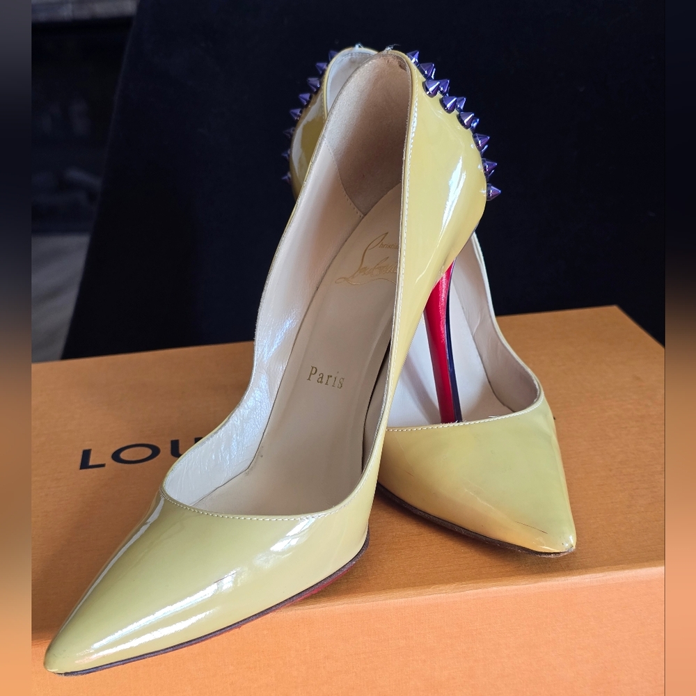 Christian Louboutin Yellow Patent Spike-Back Pointed Toe Pumps
